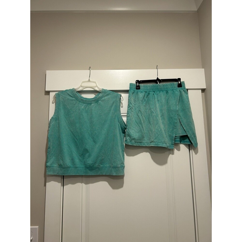 Women's 2PCS Cotton Outfit Vintage Wash Sleeveless Tank Wrap Skirt Set Medium
